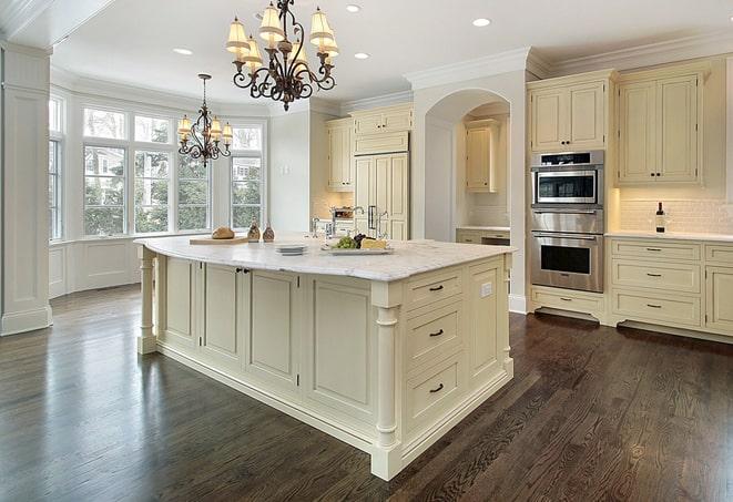 stylish bedroom with grey laminate flooring in Carmel, CA